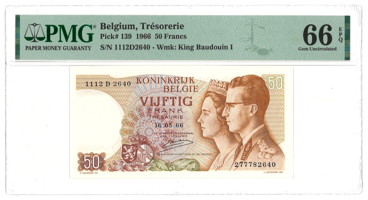 Belgium. 50 Francs. Banknote. Type 1966. - PMG 66EPQ