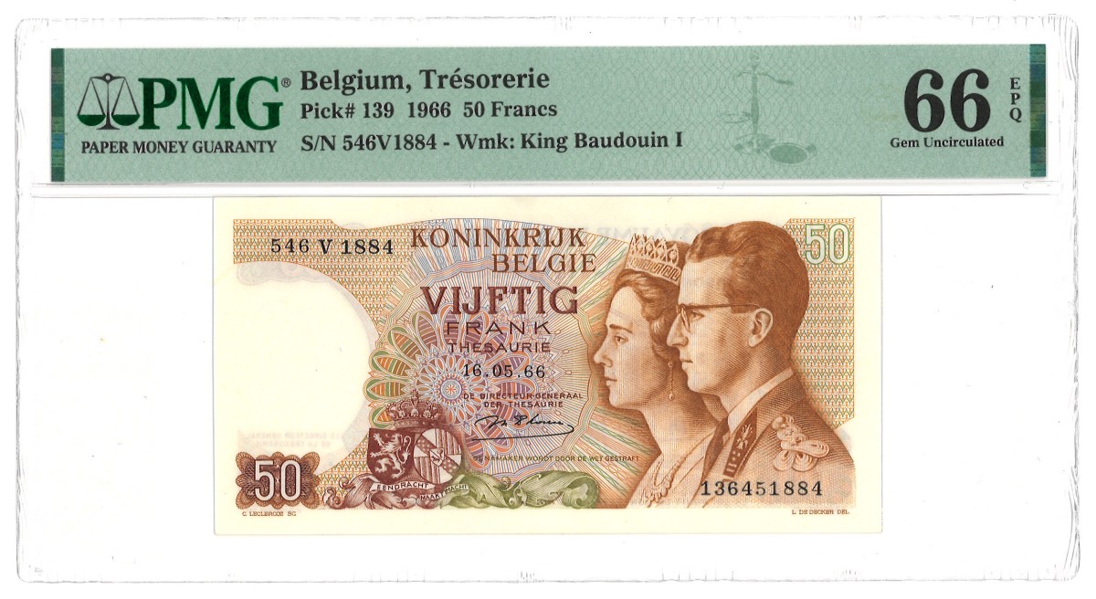 Belgium. 50 Francs. Banknote. Type 1966. - PMG 66EPQ