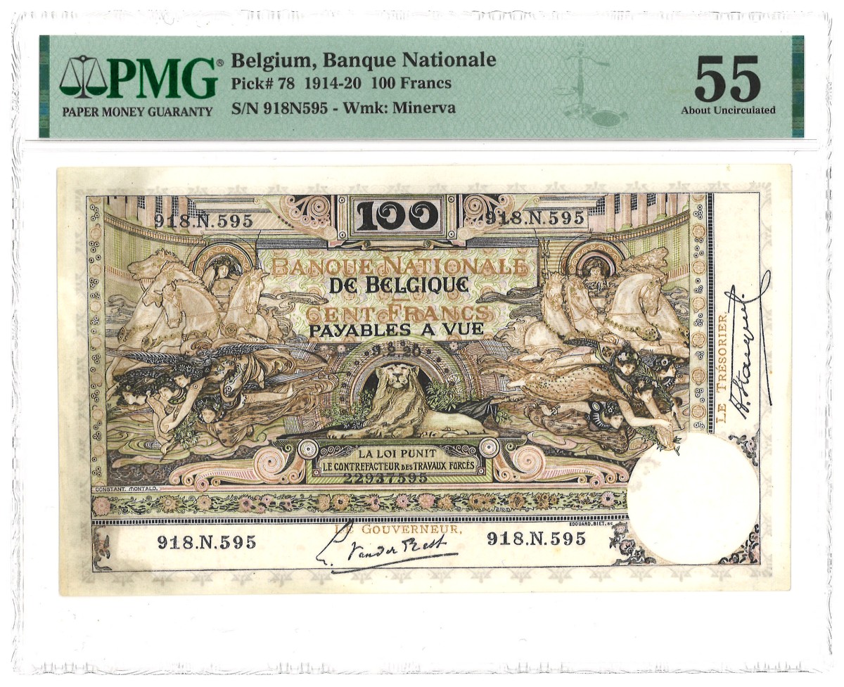 Belgium. 100 Francs. Banknote. Type 1914/1920. Type 2 In Higher Grading. - PMG 55