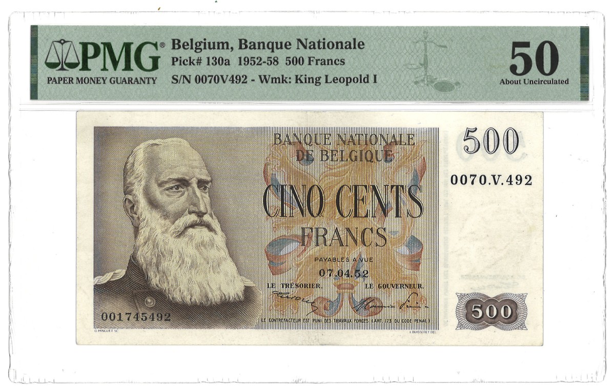 Belgium. 500 Francs. Banknote. Type 1952/1958. - PMG 50