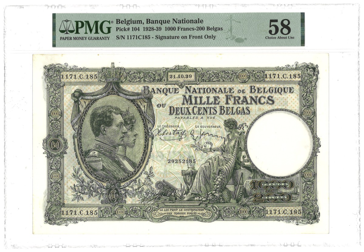 Belgium. 1000 Francs. Banknote. Type 1928/1939. - PMG 58