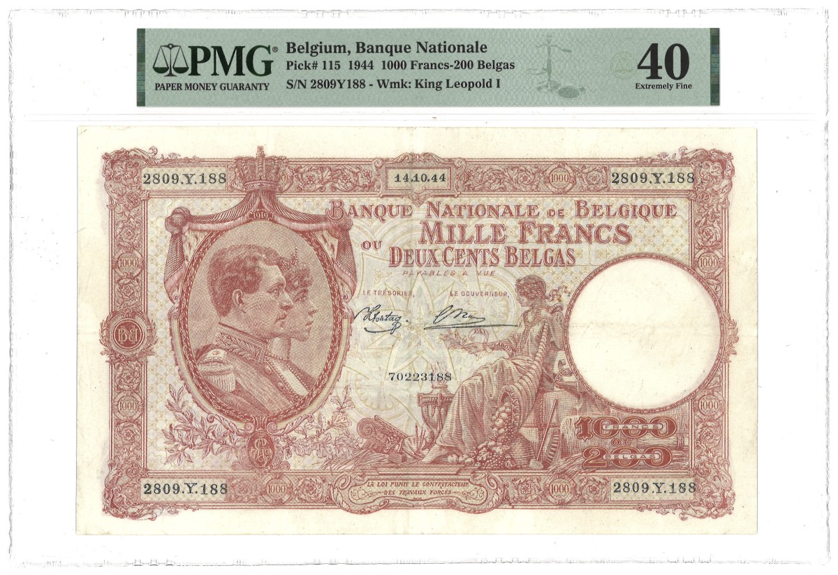 Belgium. 1000 Francs. Banknote. Type 1944. - PMG 40