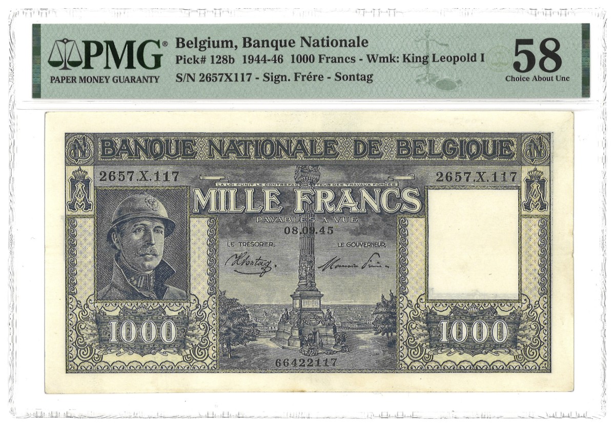 Belgium. 1000 Francs. Banknote. Type 1944/1946. - PMG 58