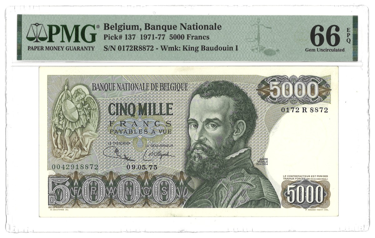 Belgium. 5000 Francs. Banknote. Type 1971/1977. - PMG 66EPQ