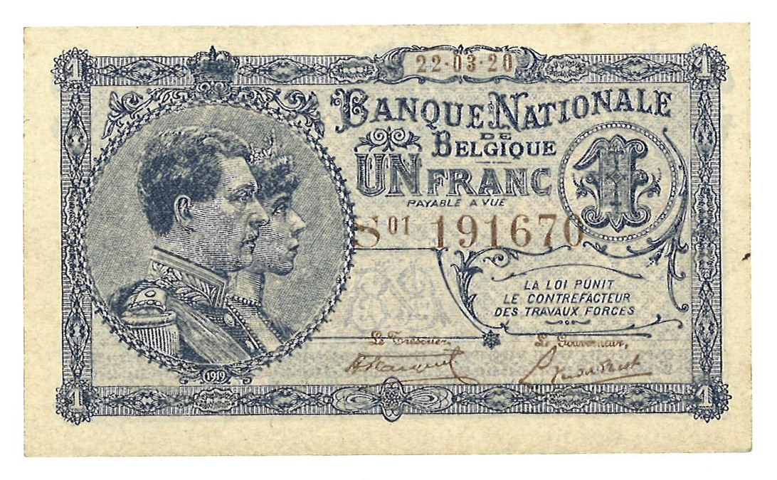 Belgium. 1 Francs. Banknote. Type 1920. - About UNC.