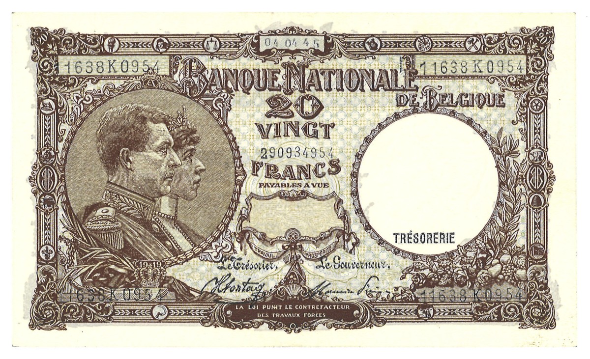 Belgium. 20 Francs. Banknote. Type 1945. - Extremely fine.