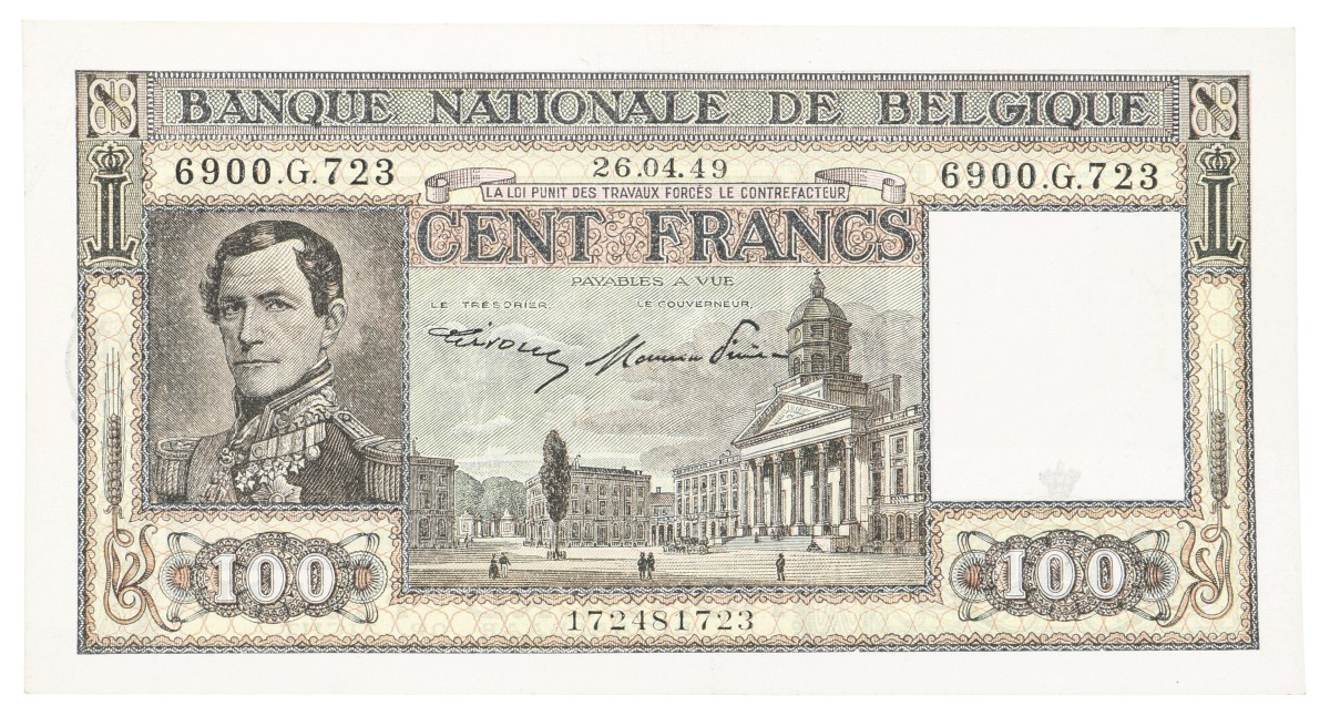 Belgium. 100 Francs. Banknote. Type 1949. - About UNC.