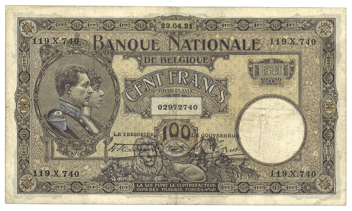 Belgium. 100 Francs. Banknote. Type 1921. Type Colour variant. - Extremely fine.