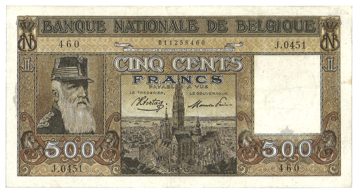Belgium. 500 Francs. Banknote. Type 1944/1947. - Extremely fine.