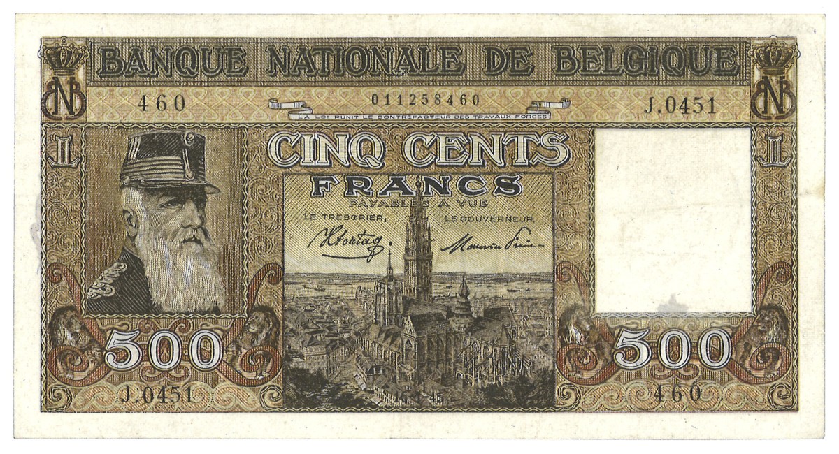 Belgium. 500 Francs. Banknote. Type 1944/1947. - Extremely fine.