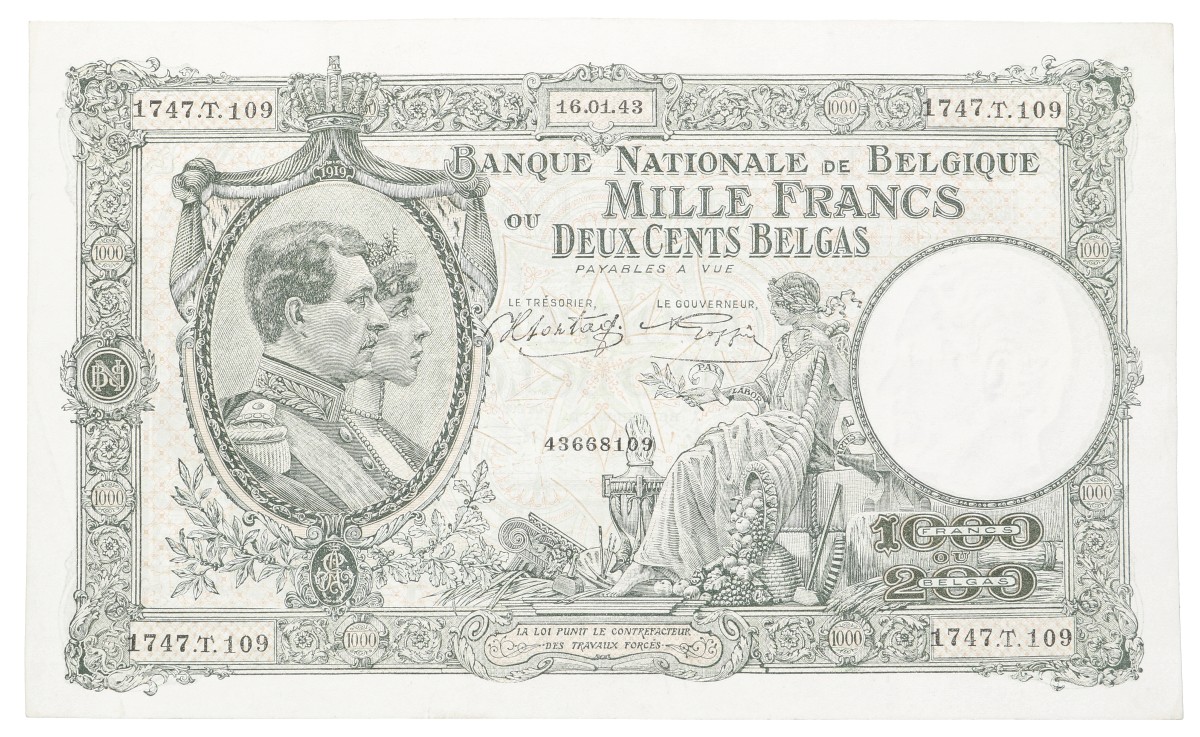 Belgium. 1000 Francs. Banknote. Type 1935/1944. - Very fine +