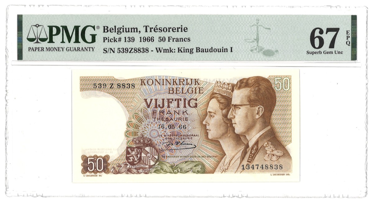 Belgium. 50 Francs. Banknote. Type 1966. - PMG 67EPQ