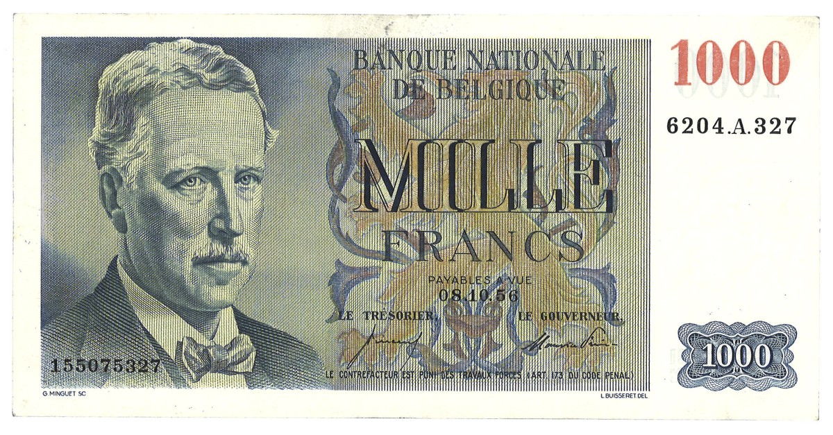 Belgium. 1000 Francs. Banknote. Type 1956. - Extremely fine.