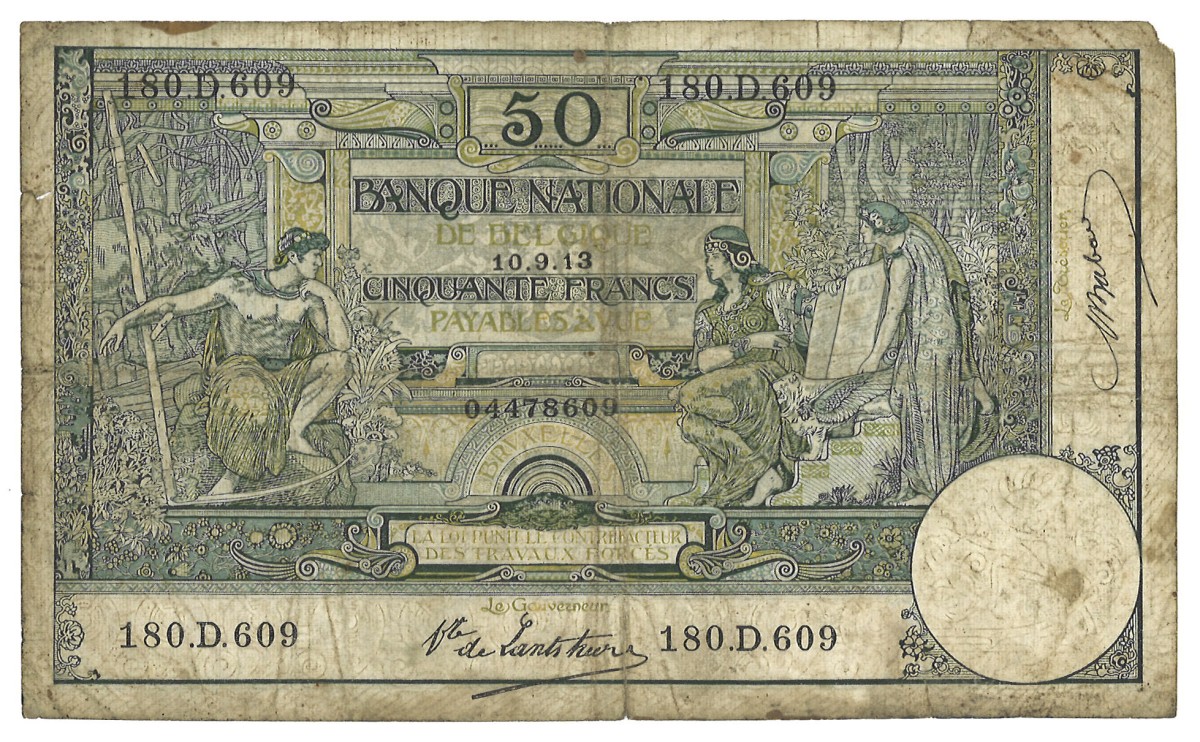 Belgium. 50 Francs. Banknote. Type 1909/1926. - Fine.