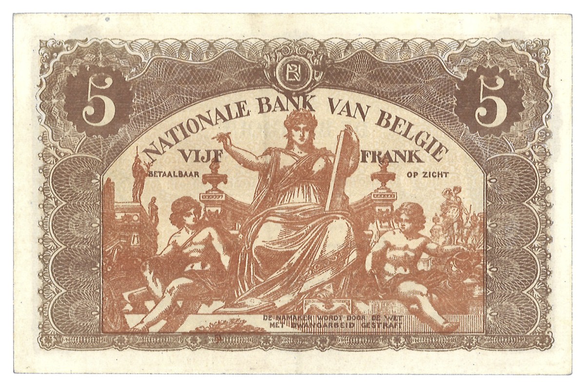 Belgium. 5 Francs. Banknote. Type 1919. - UNC.