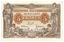 Belgium. 5 Francs. Banknote. Type 1919. - UNC.