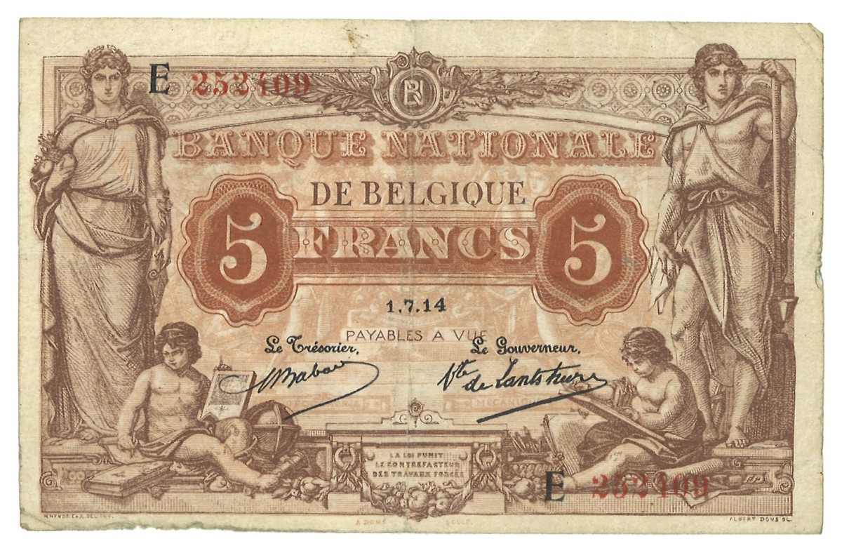 Belgium. 5 Francs. Banknote. Type 1914. - Zeer Fraai.