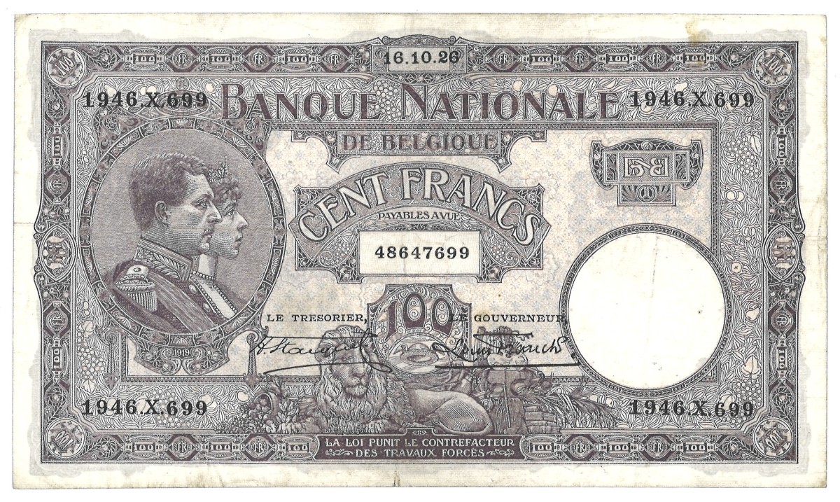 Belgium. 100 Francs. Banknote. Type 1921/1927. - Very fine.