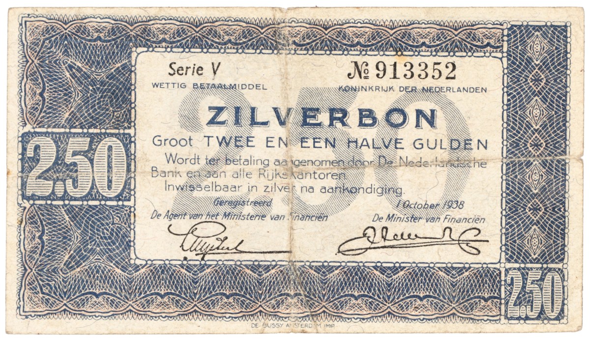 Nederland. 2 1/2 Gulden. Misdruk. Type 1938. - Zeer Fraai.