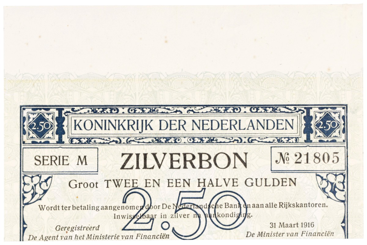 Nederland. 2 1/2 Gulden. Misdruk. Type 1915. - Prachtig.