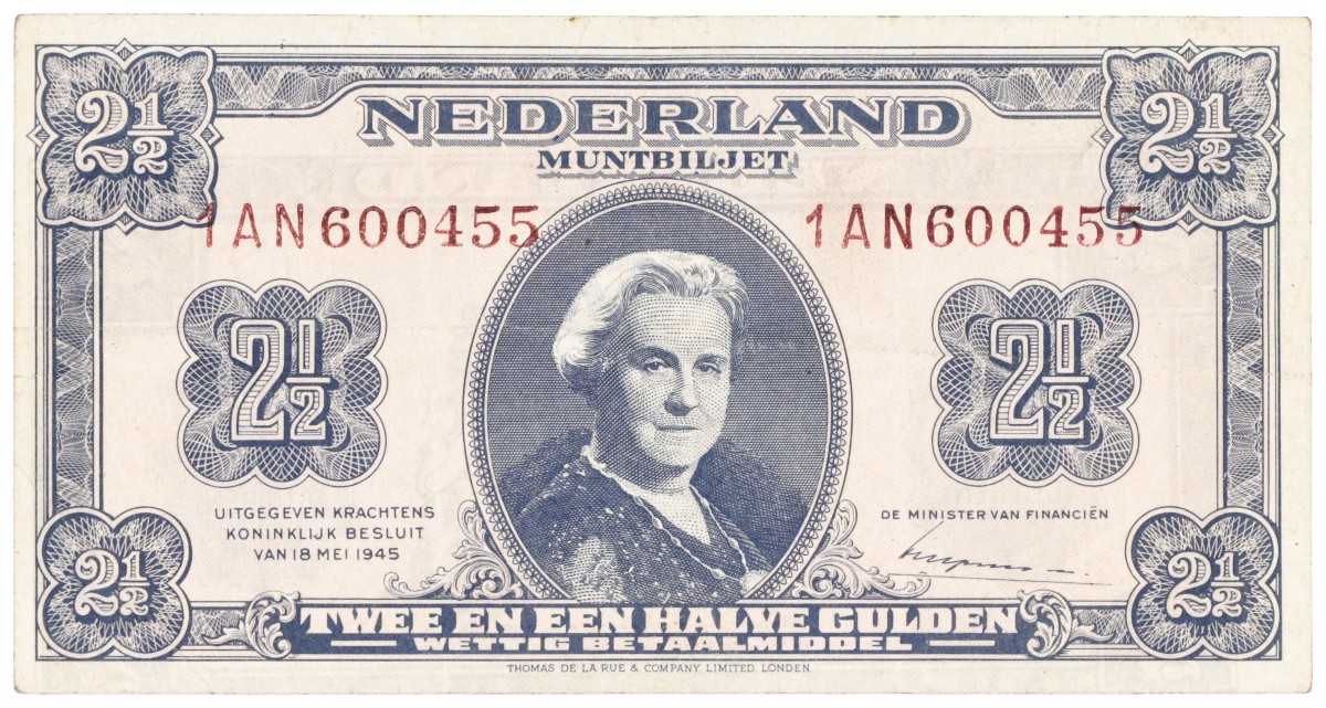 Nederland. 2 1/2 Gulden. Misdruk. Type 1945. - Zeer Fraai.