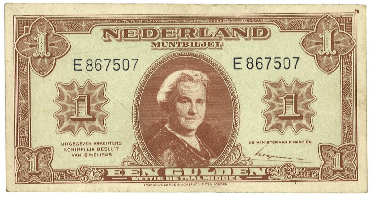 Nederland. 1 Gulden. Misdruk. Type 1945. - Zeer Fraai.