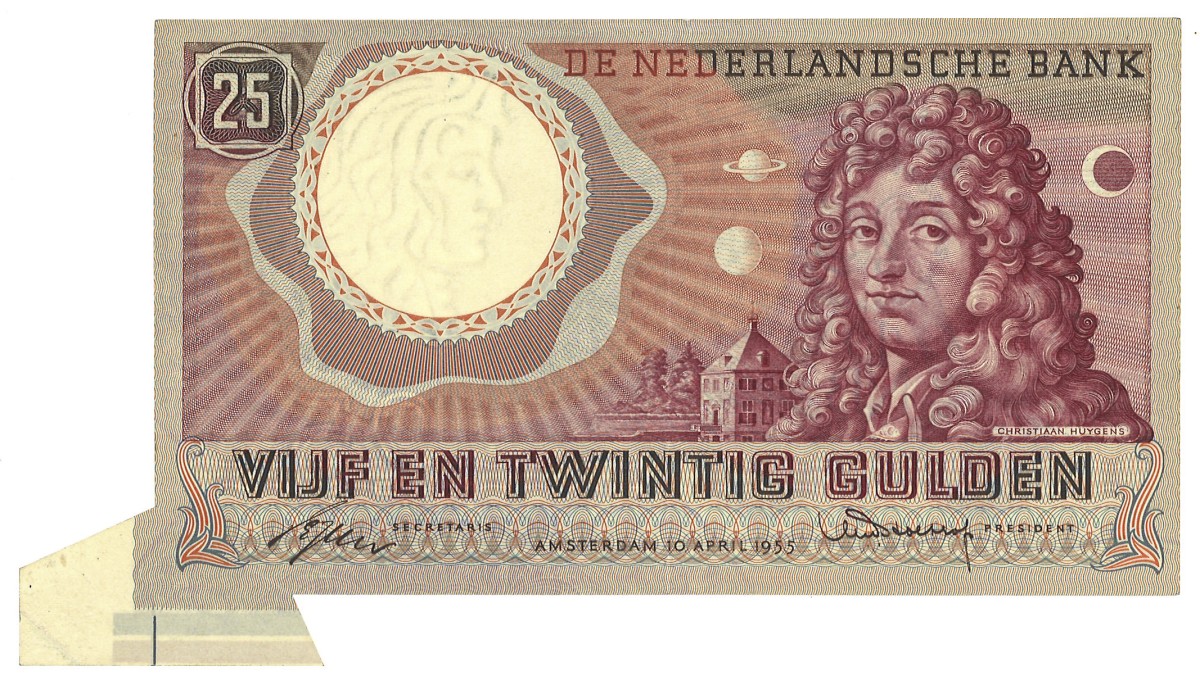 Nederland. 25 Gulden. Misdruk. Type 1955. Type Chistiaan Huygens. - Zeer Fraai.