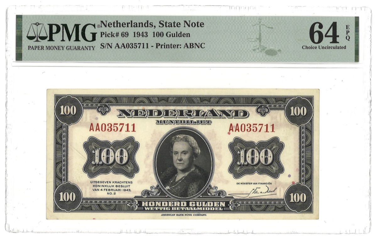 Nederland. 100 Gulden. Bankbiljet. Type 1943. - PMG 64EPQ