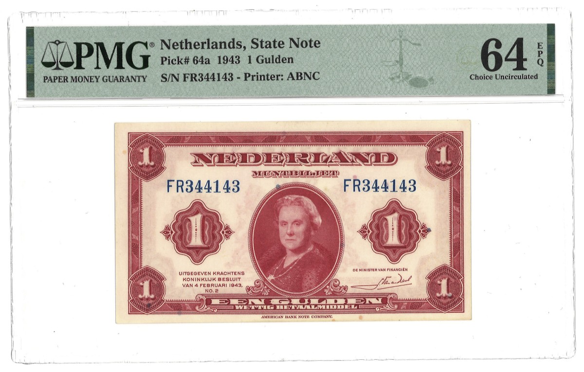 Nederland. 1 Gulden. Bankbiljet. Type 1943. - PMG 64EPQ