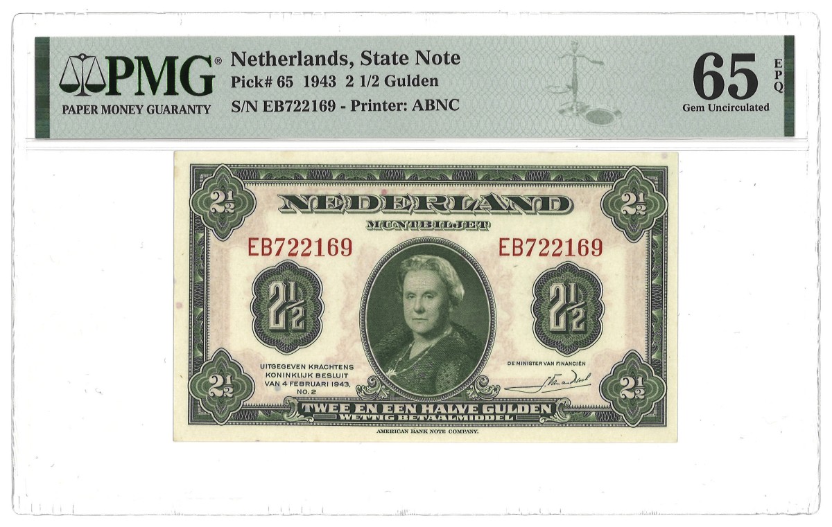 Nederland. 2 1/2 Gulden. Bankbiljet. Type 1943. - PMG 65EPQ