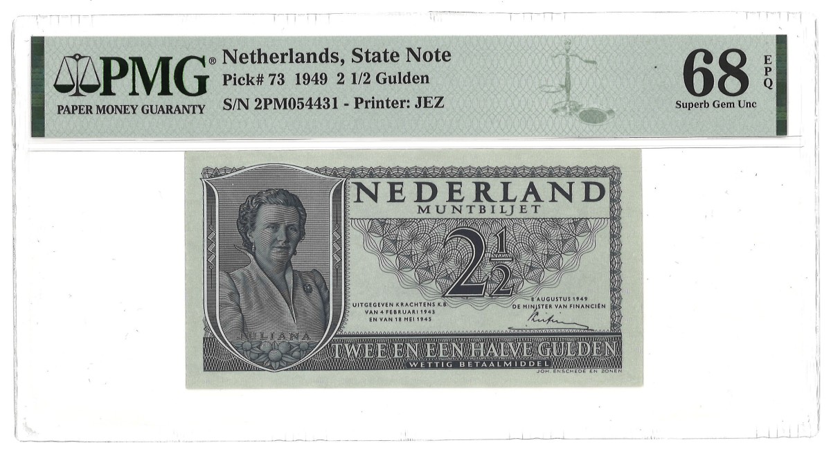 Nederland. 2 1/2 Gulden. Bankbiljet. Type 1949. - PMG 68EPQ