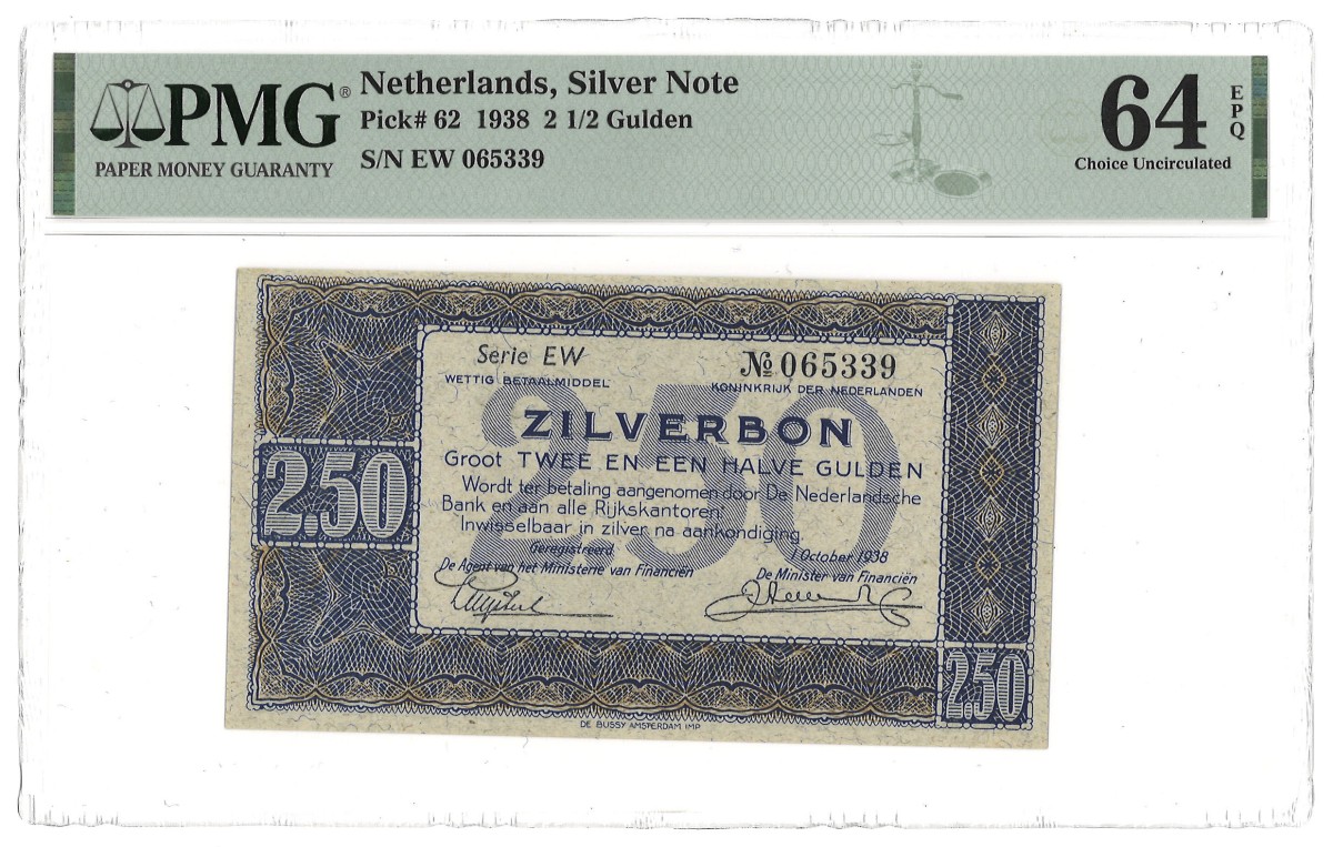 Nederland. 2 1/2 Gulden. ZIlverbon. Type 1938. -  PMG 64EPQ