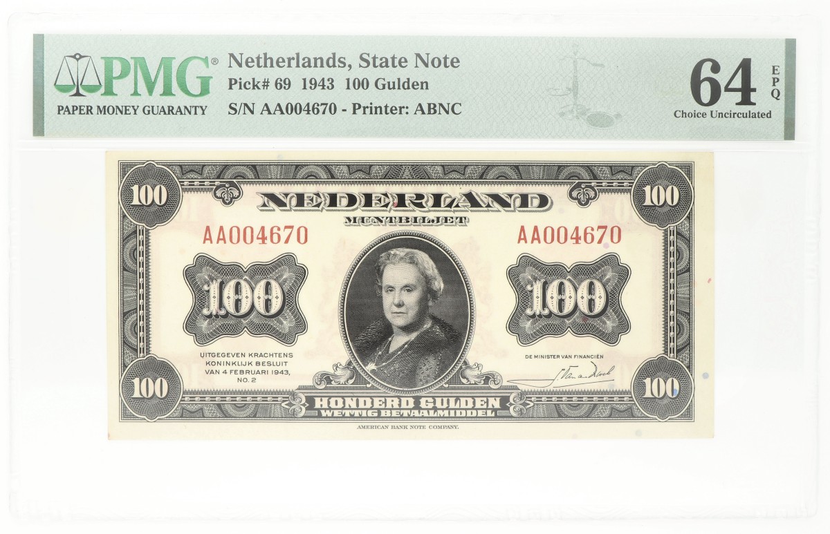 Nederland. 100 Gulden. Bankbiljet. Type 1943. - PMG 64EPQ