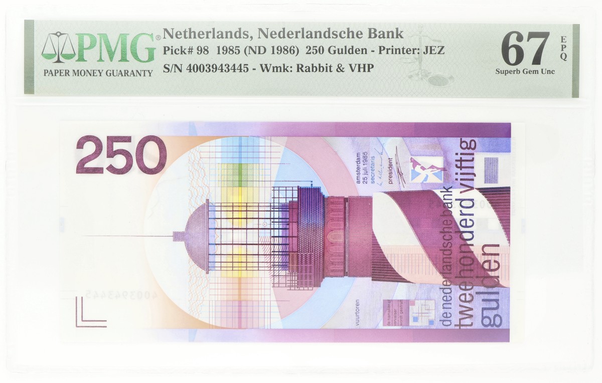 Nederland. 250 Gulden. Bankbiljet. Type 1985. Type Vuurtoren. - PMG 67EPQ