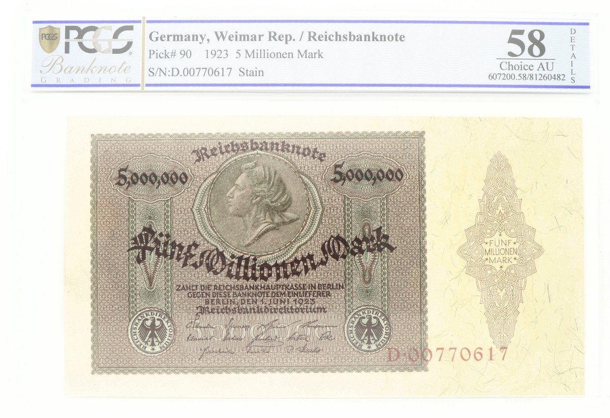 Germant, Weimar Republic. 5.000.000 Mark. Banknote. Type 1923. - PCGS 58