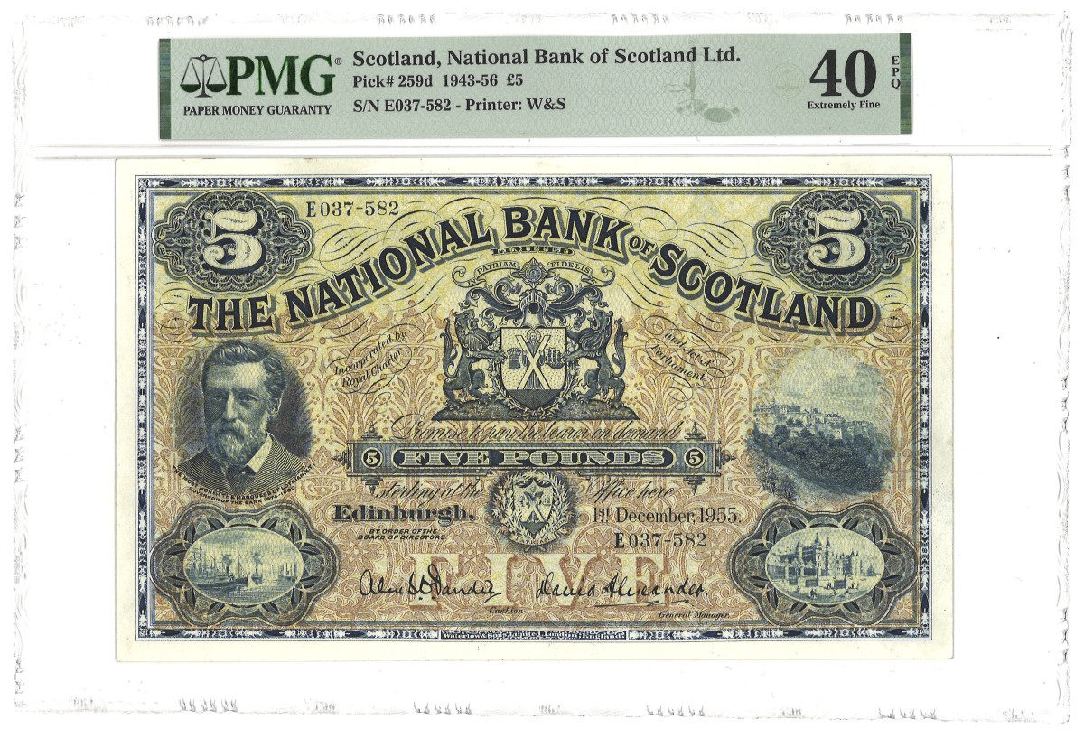 Scotland. 5 Pounds. Banknote. Type 1943/1956. Type National Bank. - Extremely fine.