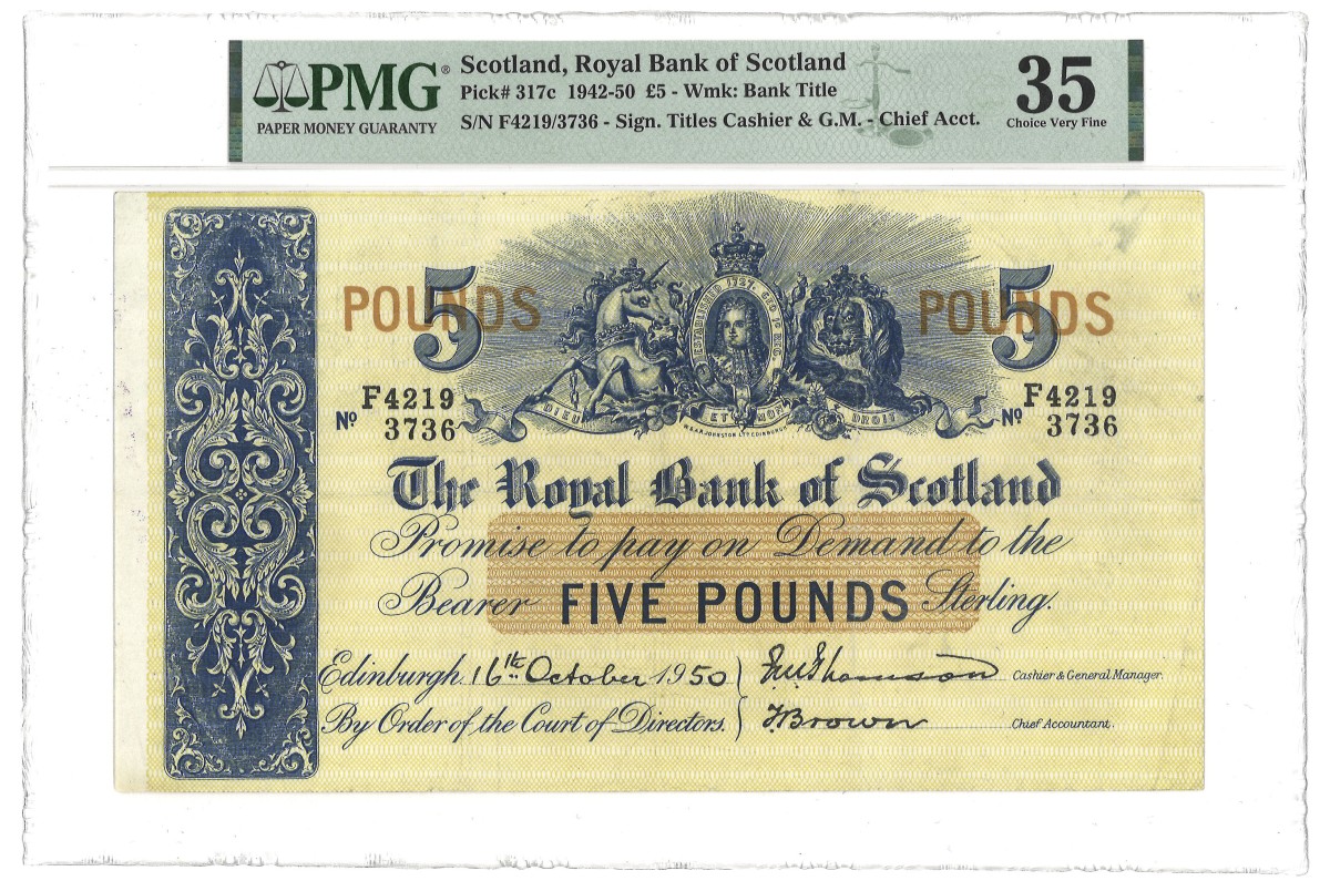 Scotland. 5 Pounds. Banknote. Type 1942/1950. Type Royal Bank. - PMG 35