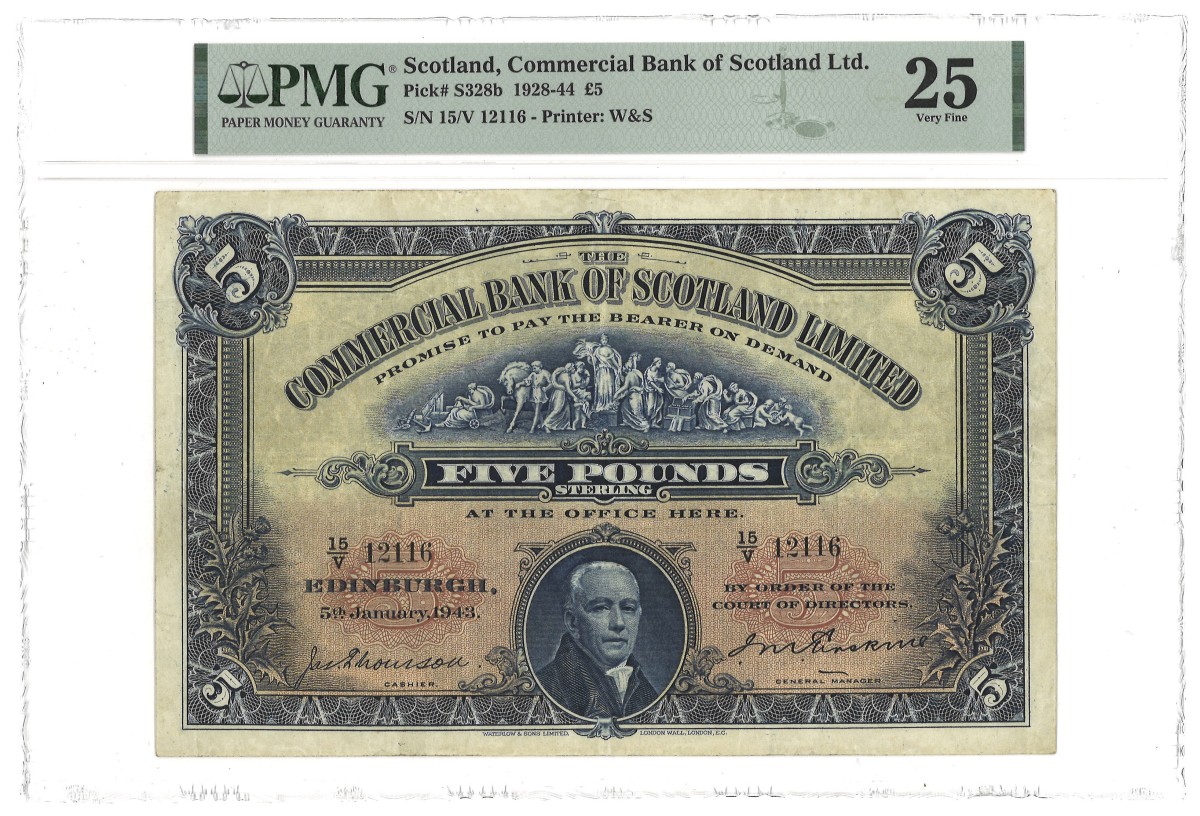 Scotland. 5 Pounds. Banknote. Type 1928/1944. Type Commercial Bank. - PMG 25