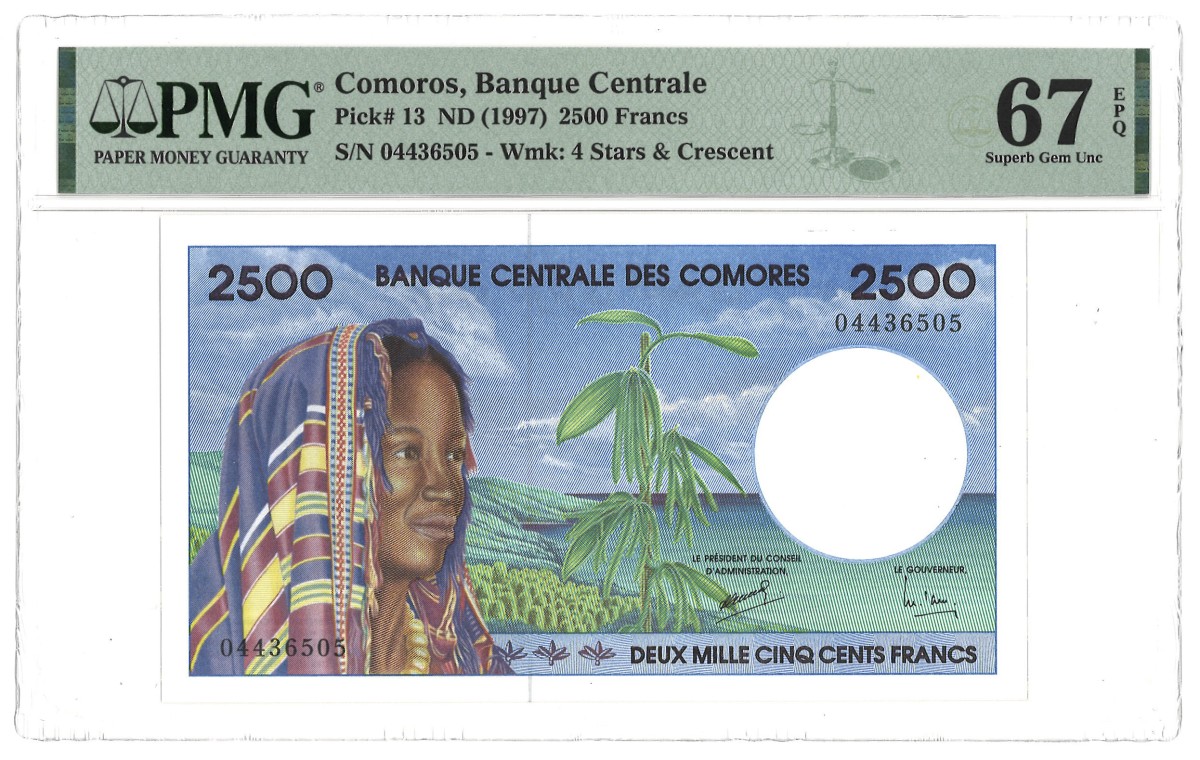 Comoros. 2500 Francs. Banknote. Type 1997. - PMG 67