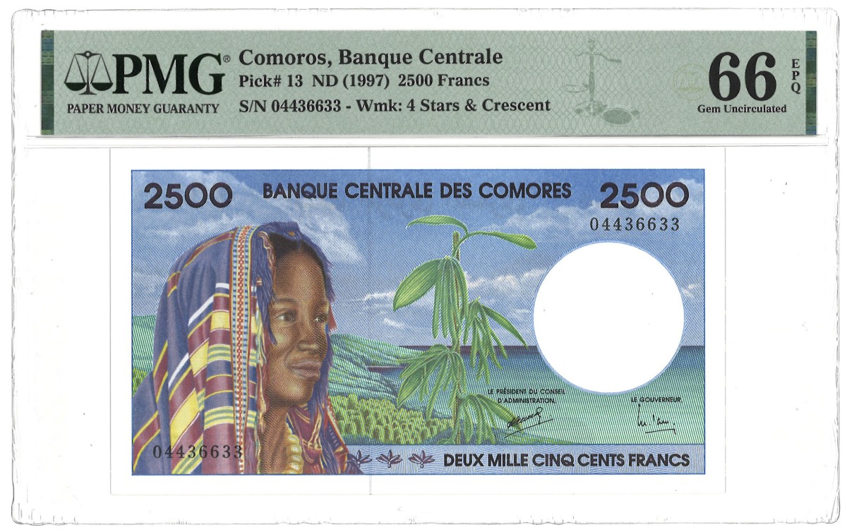 Comoros. 2500 Francs. Banknote. Type 1997. - PMG 66EPQ