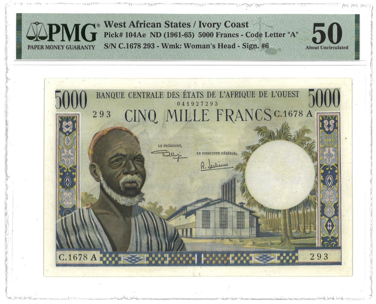 West African States / Ivory Coast. 5000 Francs. Banknote. Type 1961/1965. - PMG 50