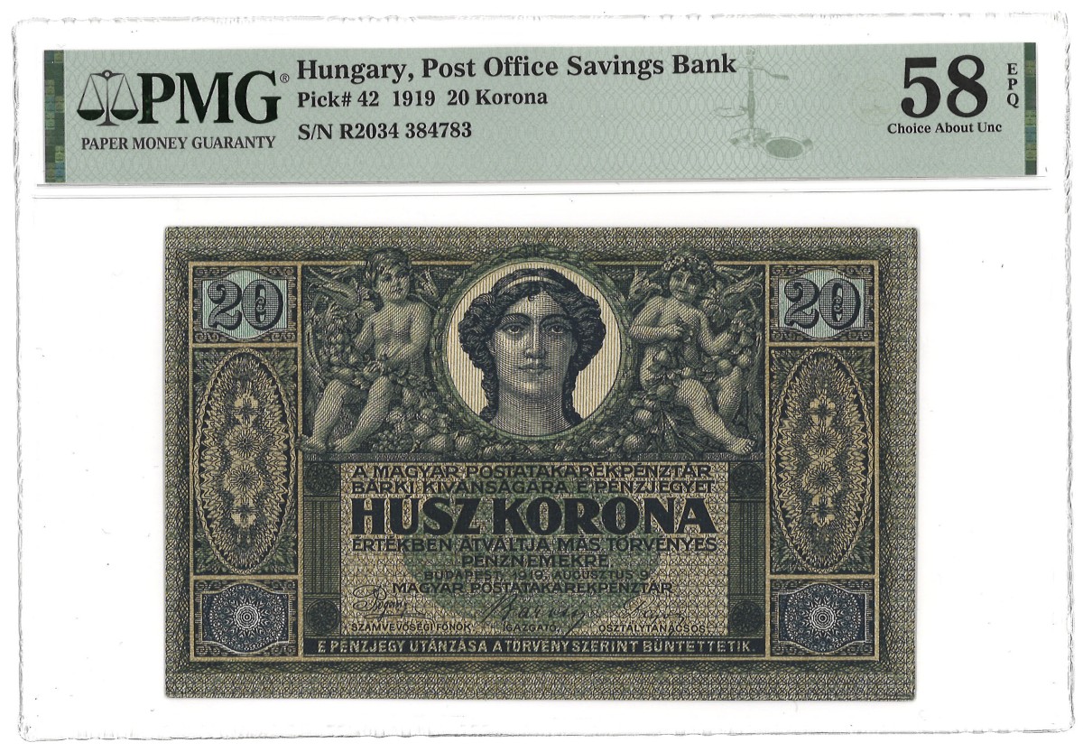 Hungary. 20 Korona. Banknote. Type 1919. - PMG 58EPQ