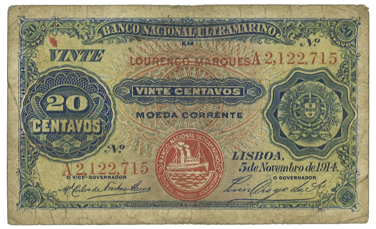 Mozambique. 20 Centavos. Banknote. Type 1914. - Very fine.