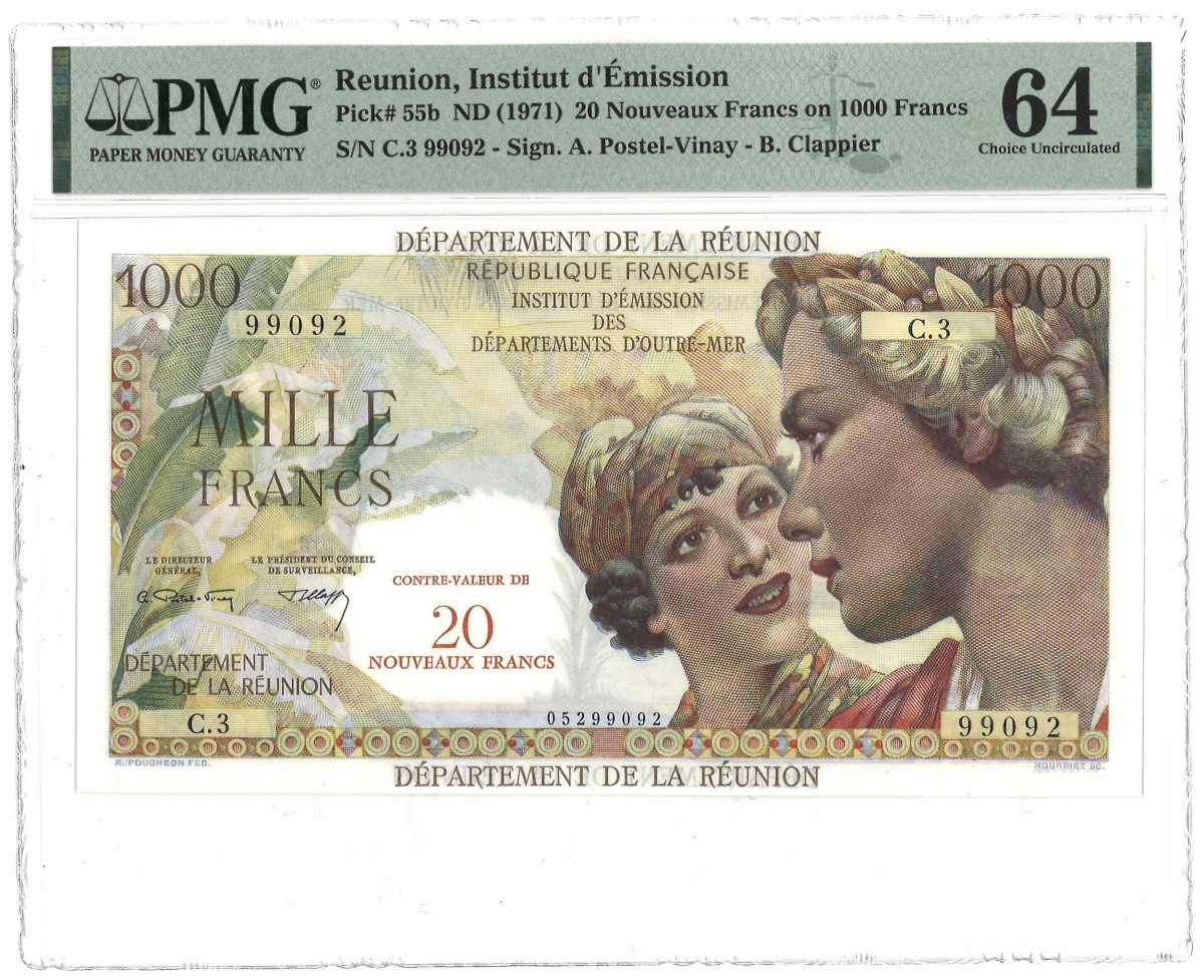 French Overseas territory / Reunion. 20 new Francs. Banknote. Type 1971. - PMG 64