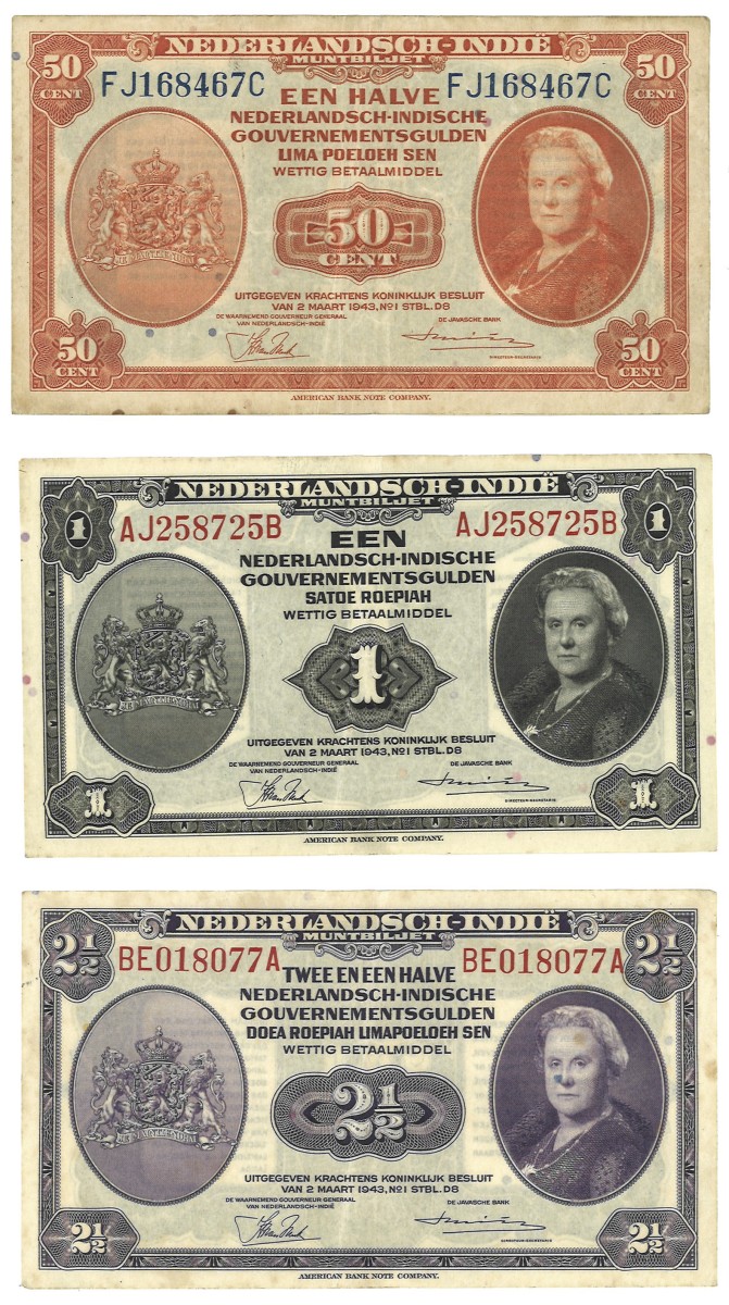 Nethelands-Indies. Lot 3 banknotes. Banknote. Type 1943. - Very fine.