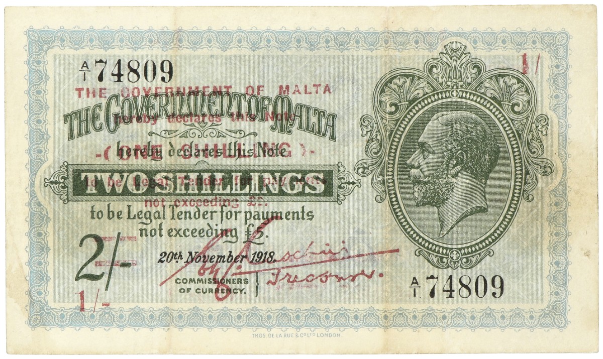 Malta. 1 Shilling overprint on 2 Schilling. Banknote. Type 1940. - Very fine +.