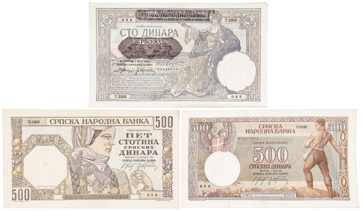 Serbia. Lot 3 Banknotes. Banknote. Type 1941/1942. Type World War II. - Extremely fine.