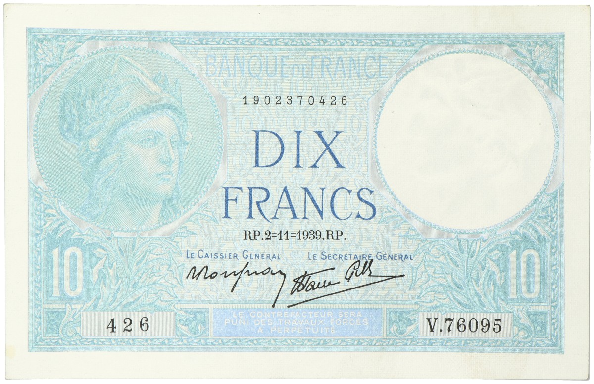 France. 10 Francs. Banknote. Type 1939/1942. Type Minerva. - UNC.