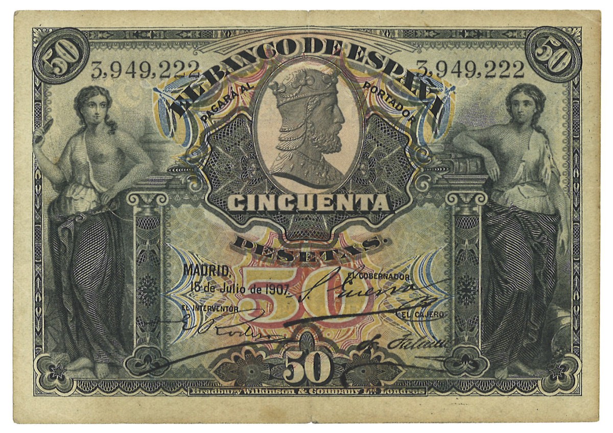 Spanje. 50 Pesetas. Banknote. Type 1907. - Very fine.