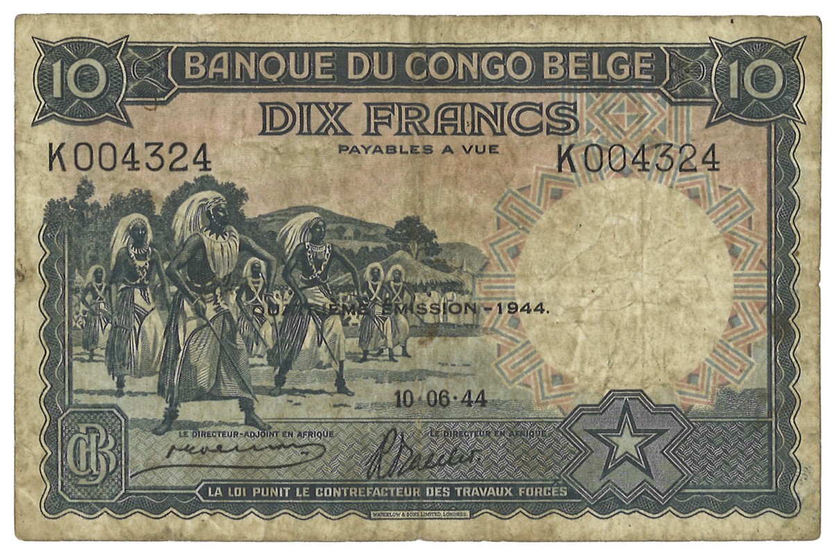 Belgian Congo. 10 Francs. Banknote. Type 1944. Type Fourth Issue. - Very fine.